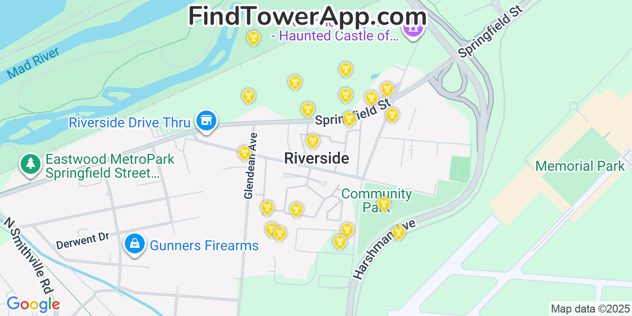 Map showing the 20 primary cell tower locations detected in Riverside, Ohio from AT&T, Verizon, and T-Mobile networks