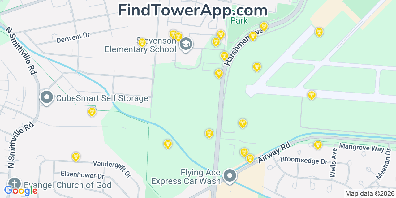 Map showing the 20 primary cell tower locations detected in Riverside, Ohio from AT&T, Verizon, and T-Mobile networks