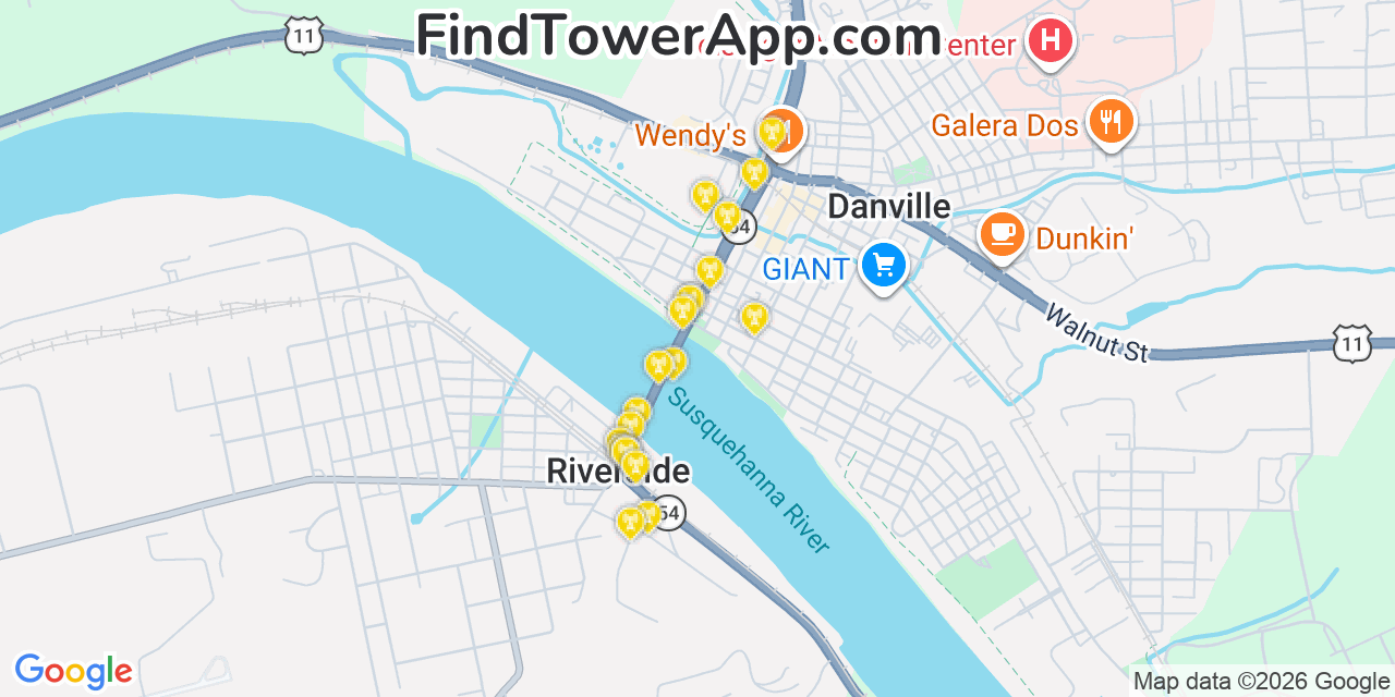 Map showing the 20 primary cell tower locations detected in Riverside, Pennsylvania from AT&T, Verizon, and T-Mobile networks