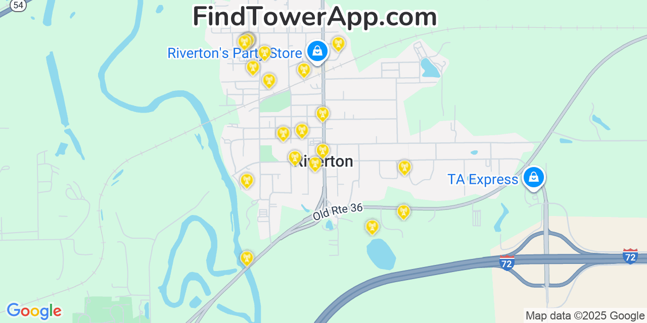 Map showing the 20 primary cell tower locations detected in Riverton, Illinois from AT&T, Verizon, and T-Mobile networks