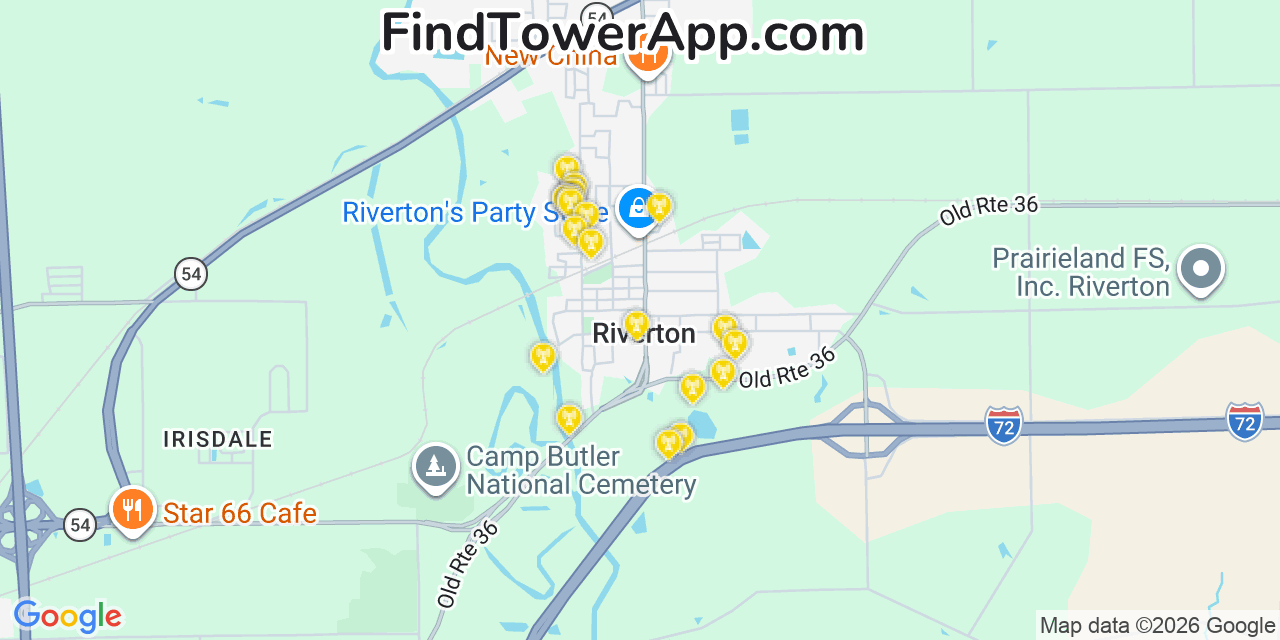 Map showing the 20 primary cell tower locations detected in Riverton, Illinois from AT&T, Verizon, and T-Mobile networks