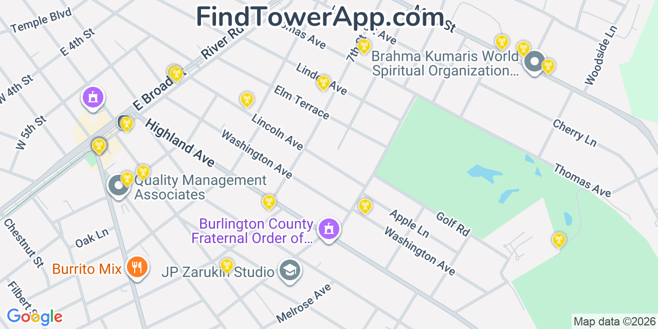 Map showing the 20 primary cell tower locations detected in Riverton, New Jersey from AT&T, Verizon, and T-Mobile networks