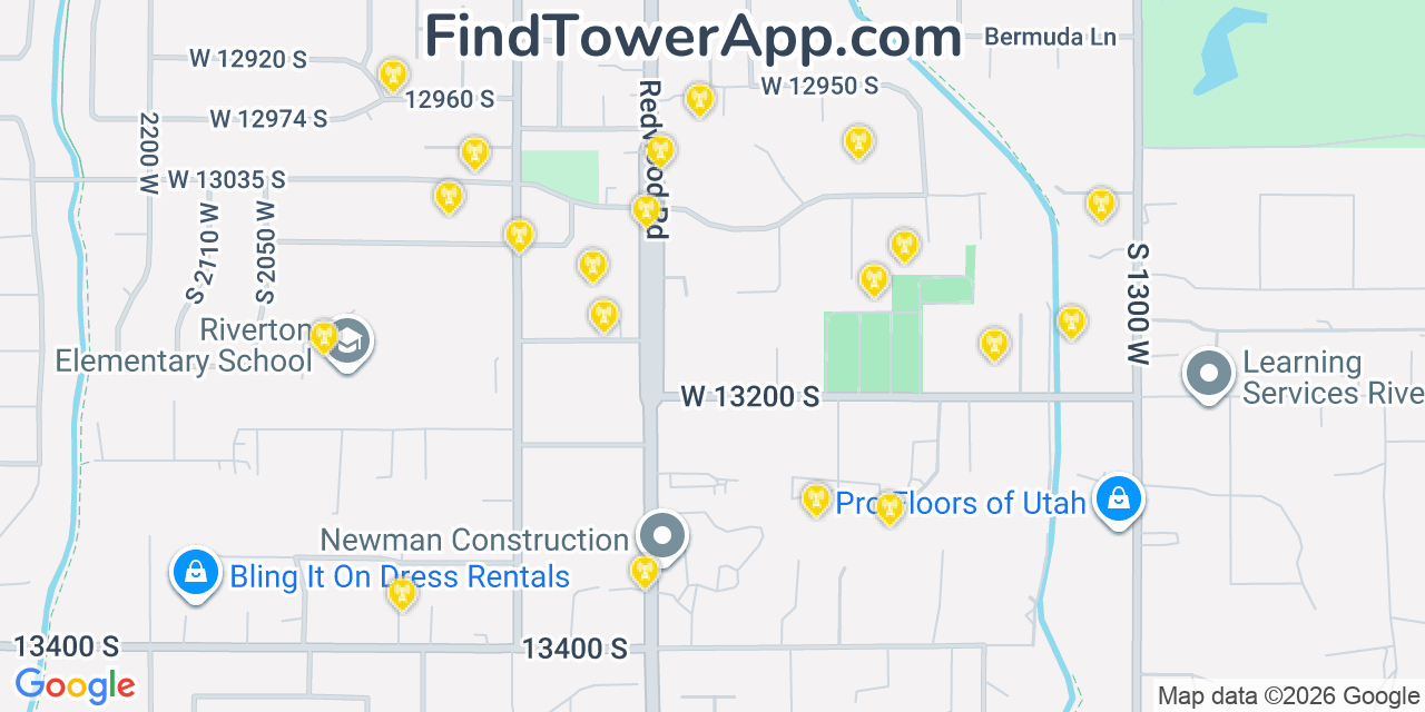 Map showing the 20 primary cell tower locations detected in Riverton, Utah from AT&T, Verizon, and T-Mobile networks
