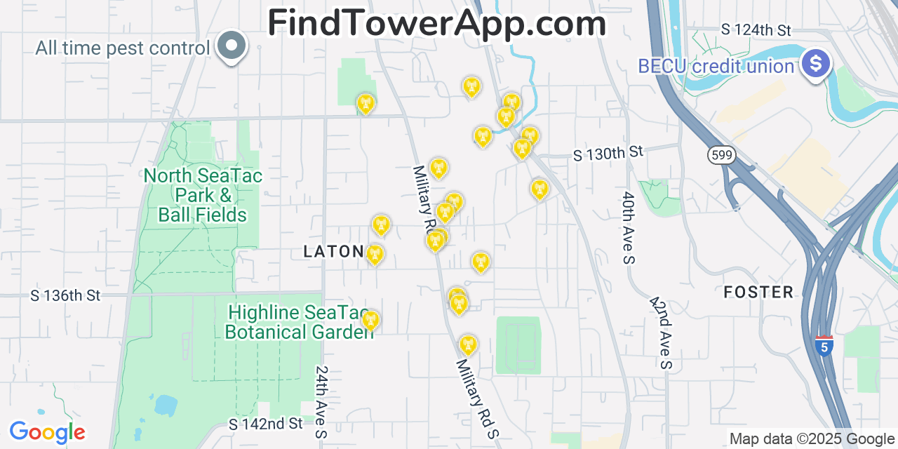 Map showing the 20 primary cell tower locations detected in Riverton, Washington from AT&T, Verizon, and T-Mobile networks