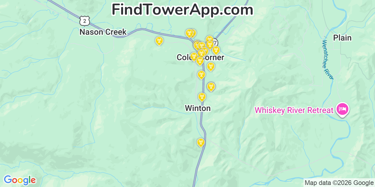 Map showing the 20 primary cell tower locations detected in Riverton, Washington from AT&T, Verizon, and T-Mobile networks