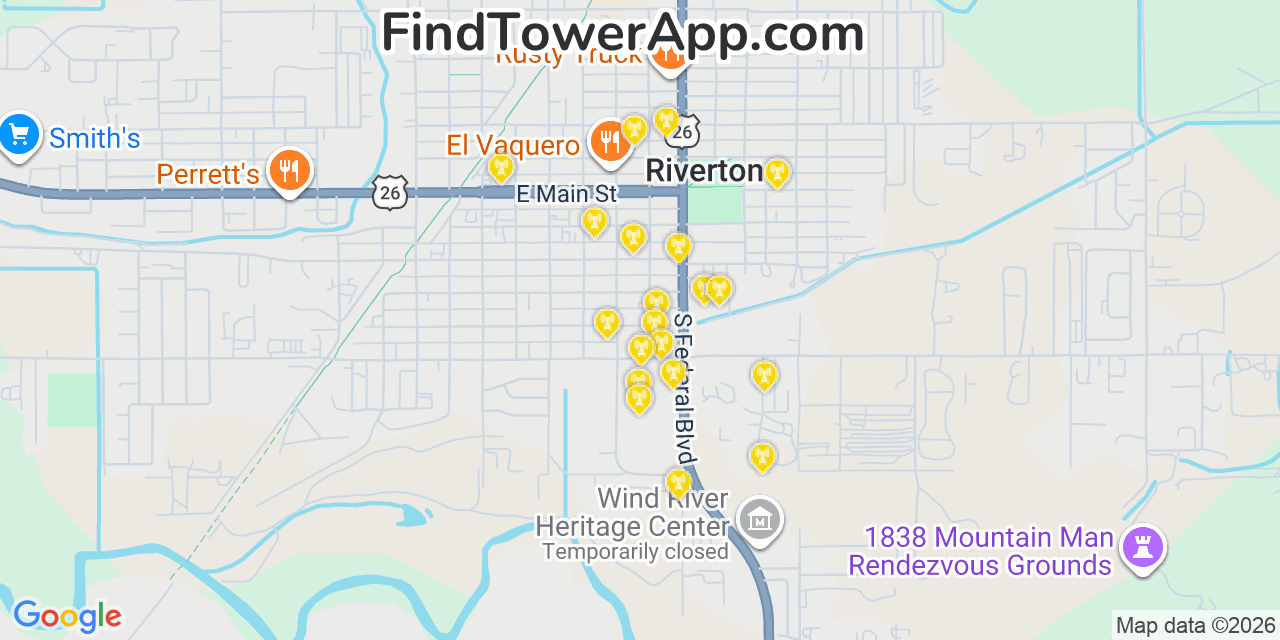 Map showing the 20 primary cell tower locations detected in Riverton, Wyoming from AT&T, Verizon, and T-Mobile networks
