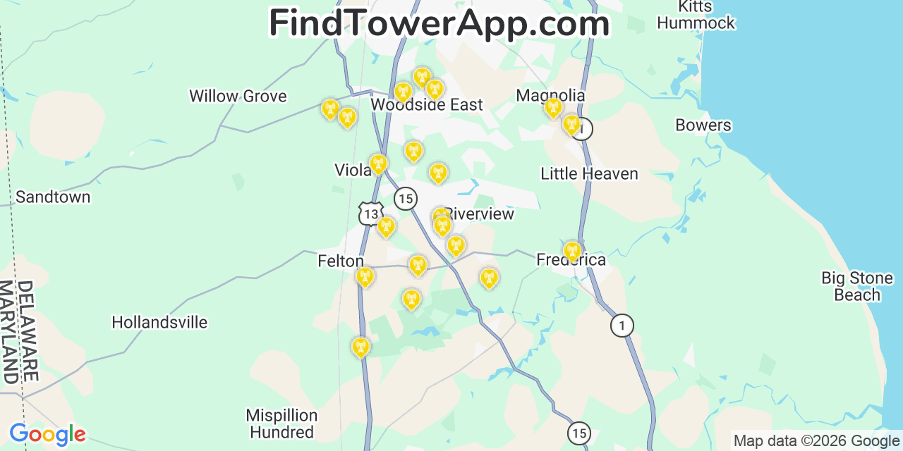 Map showing the 20 primary cell tower locations detected in Riverview, Delaware from AT&T, Verizon, and T-Mobile networks
