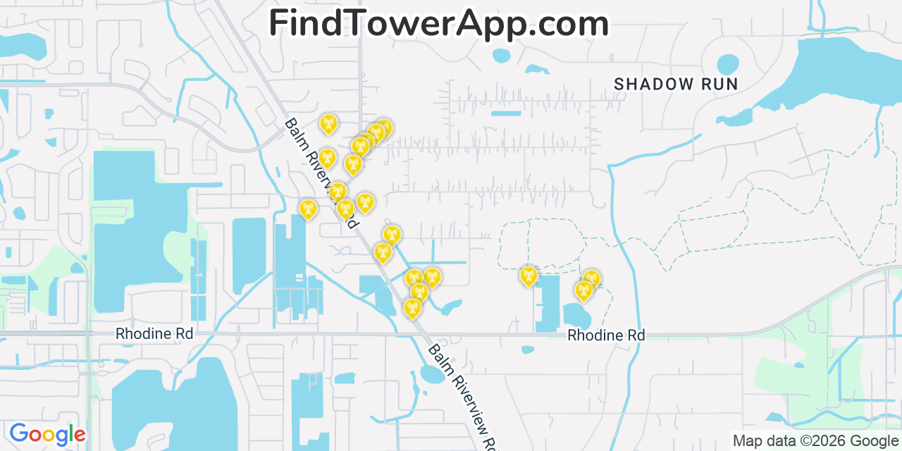 Map showing the 20 primary cell tower locations detected in Riverview, Florida from AT&T, Verizon, and T-Mobile networks