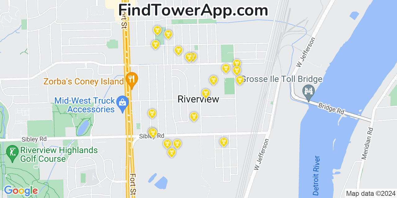 AT&T 4G/5G cell tower coverage map Riverview, Michigan