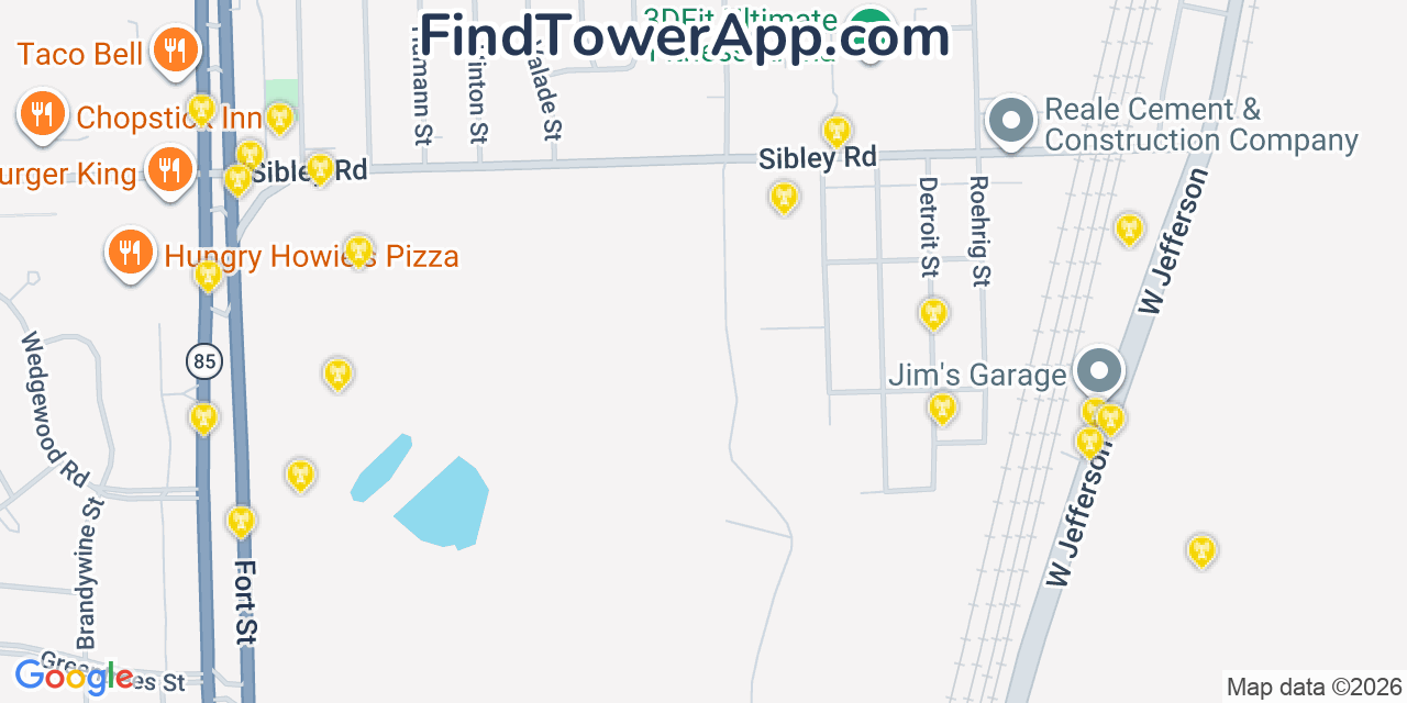 Map showing the 20 primary cell tower locations detected in Riverview, Michigan from AT&T, Verizon, and T-Mobile networks