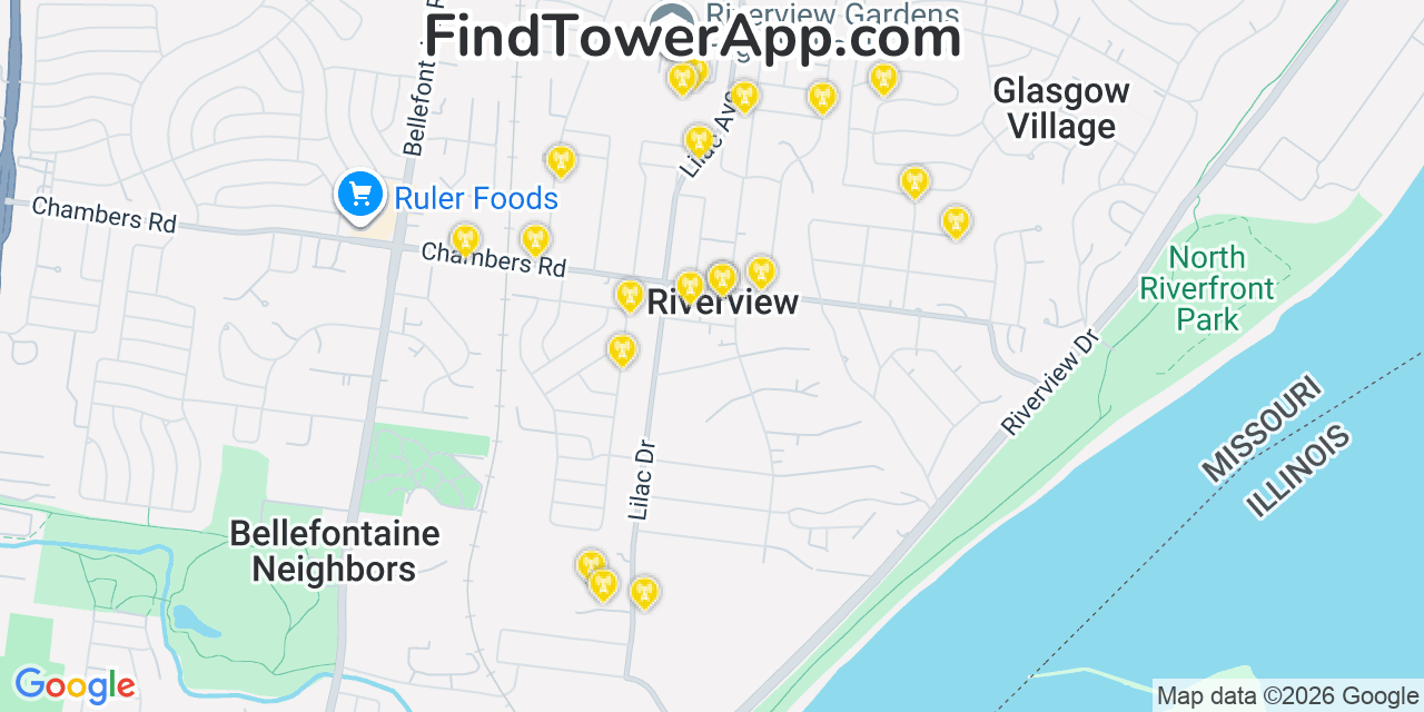 Map showing the 20 primary cell tower locations detected in Riverview, Missouri from AT&T, Verizon, and T-Mobile networks