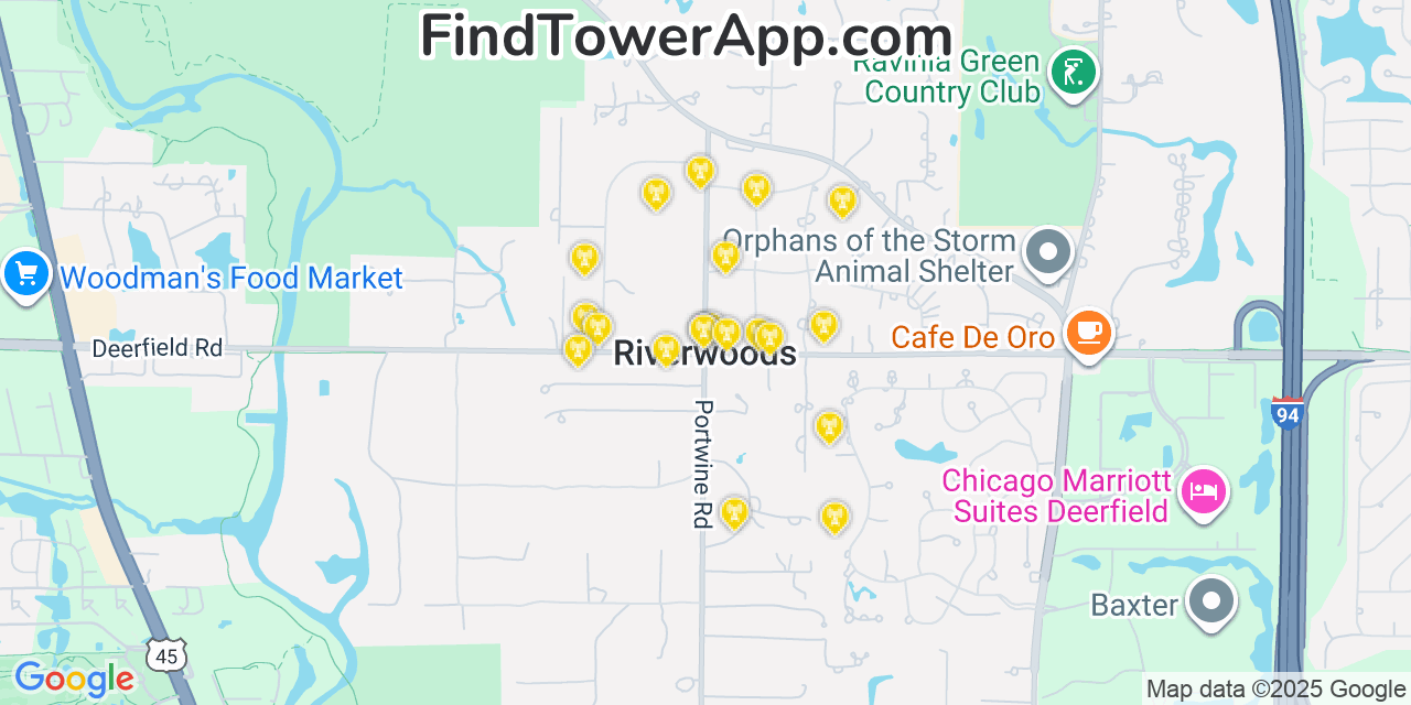 Map showing the 20 primary cell tower locations detected in Riverwoods, Illinois from AT&T, Verizon, and T-Mobile networks