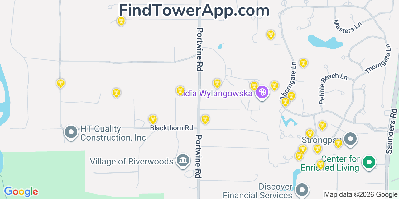 Map showing the 20 primary cell tower locations detected in Riverwoods, Illinois from AT&T, Verizon, and T-Mobile networks