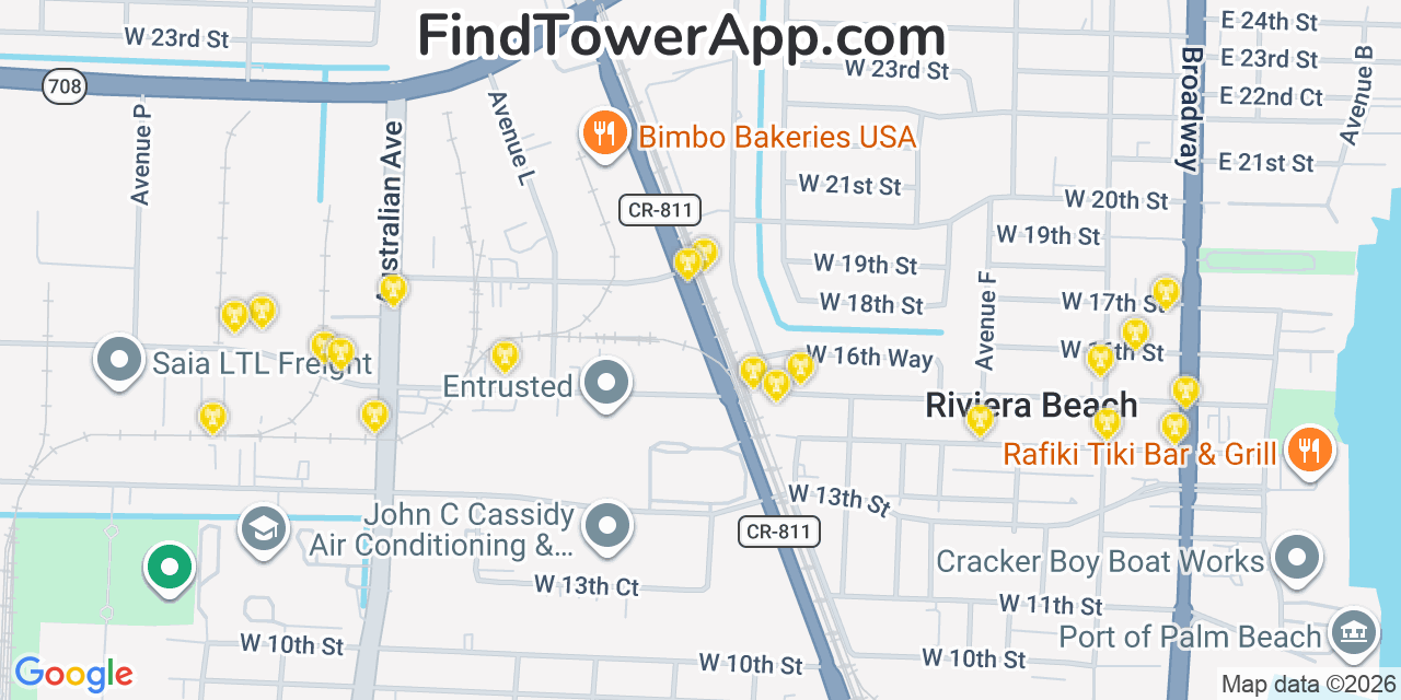 Map showing the 20 primary cell tower locations detected in Riviera Beach, Florida from AT&T, Verizon, and T-Mobile networks