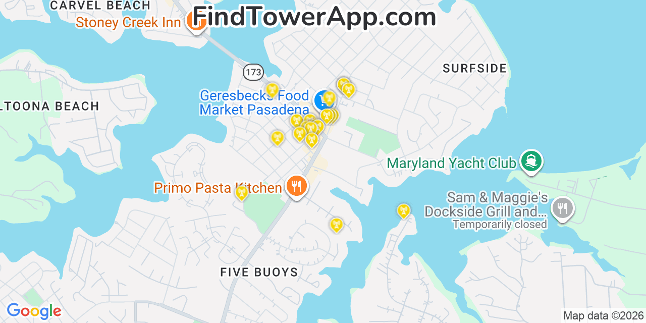 Map showing the 20 primary cell tower locations detected in Riviera Beach, Maryland from AT&T, Verizon, and T-Mobile networks