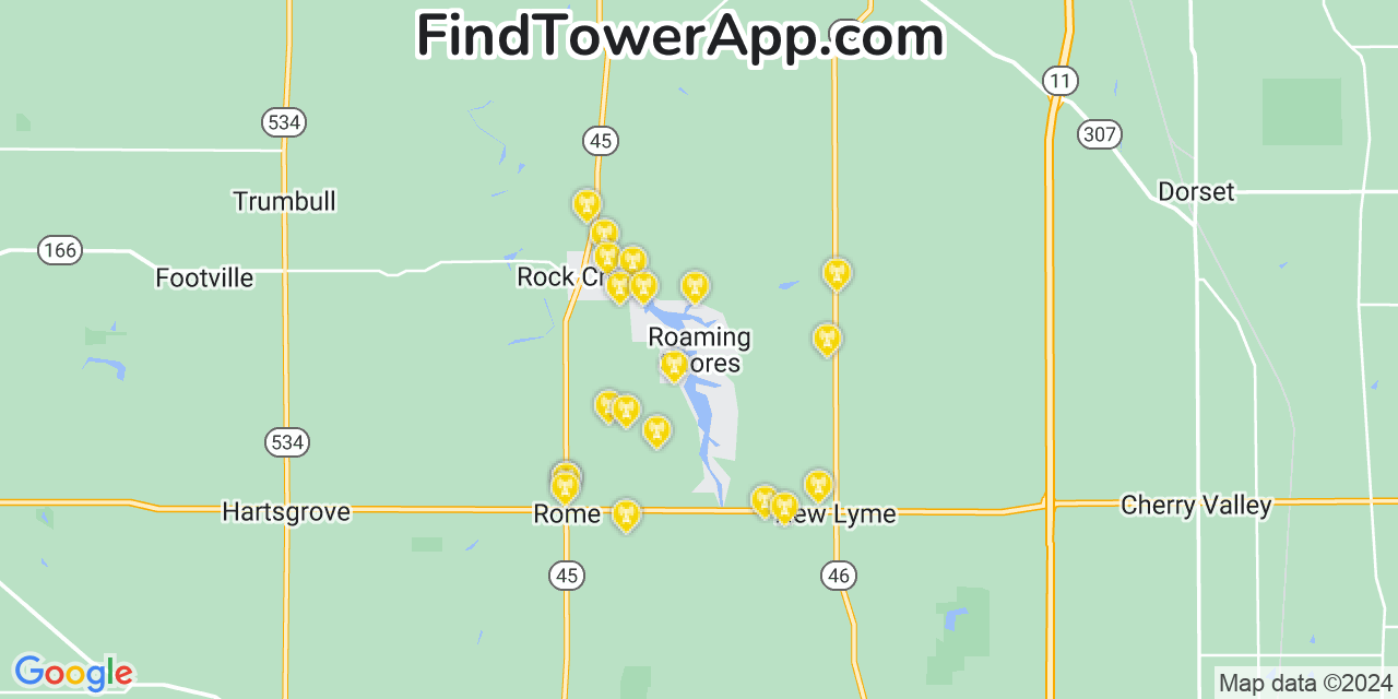 AT&T 4G/5G cell tower coverage map Roaming Shores, Ohio