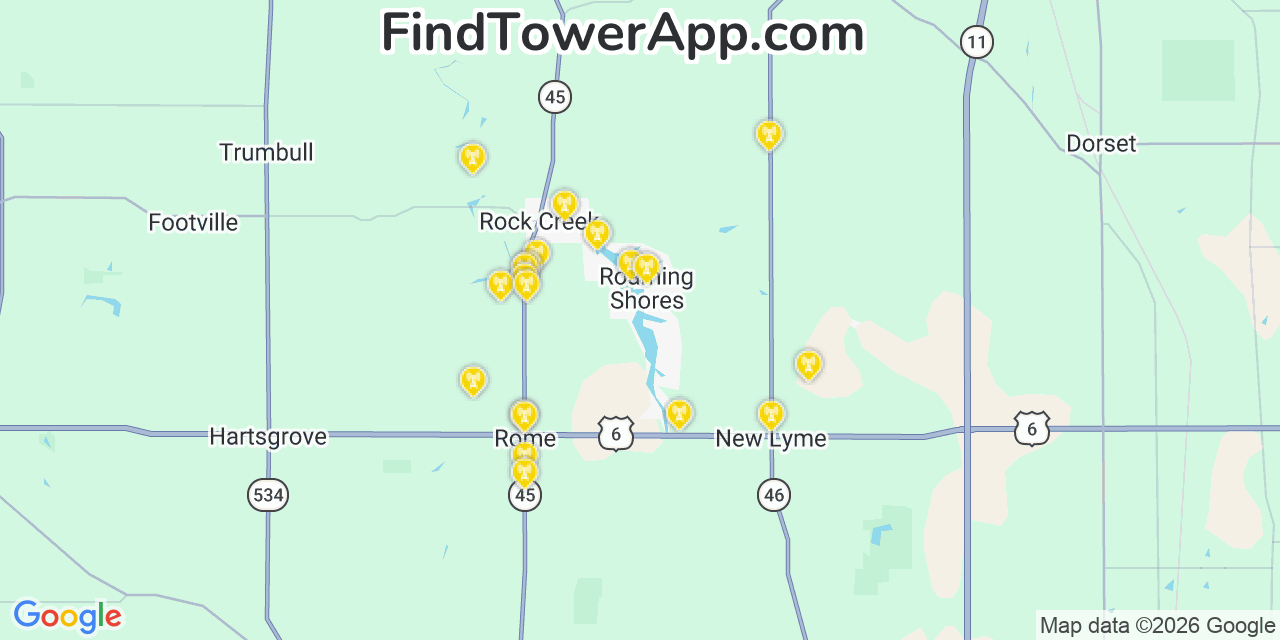 Map showing the 20 primary cell tower locations detected in Roaming Shores, Ohio from AT&T, Verizon, and T-Mobile networks