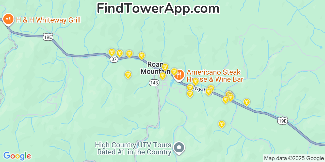 Map showing the 20 primary cell tower locations detected in Roan Mountain, Tennessee from AT&T, Verizon, and T-Mobile networks