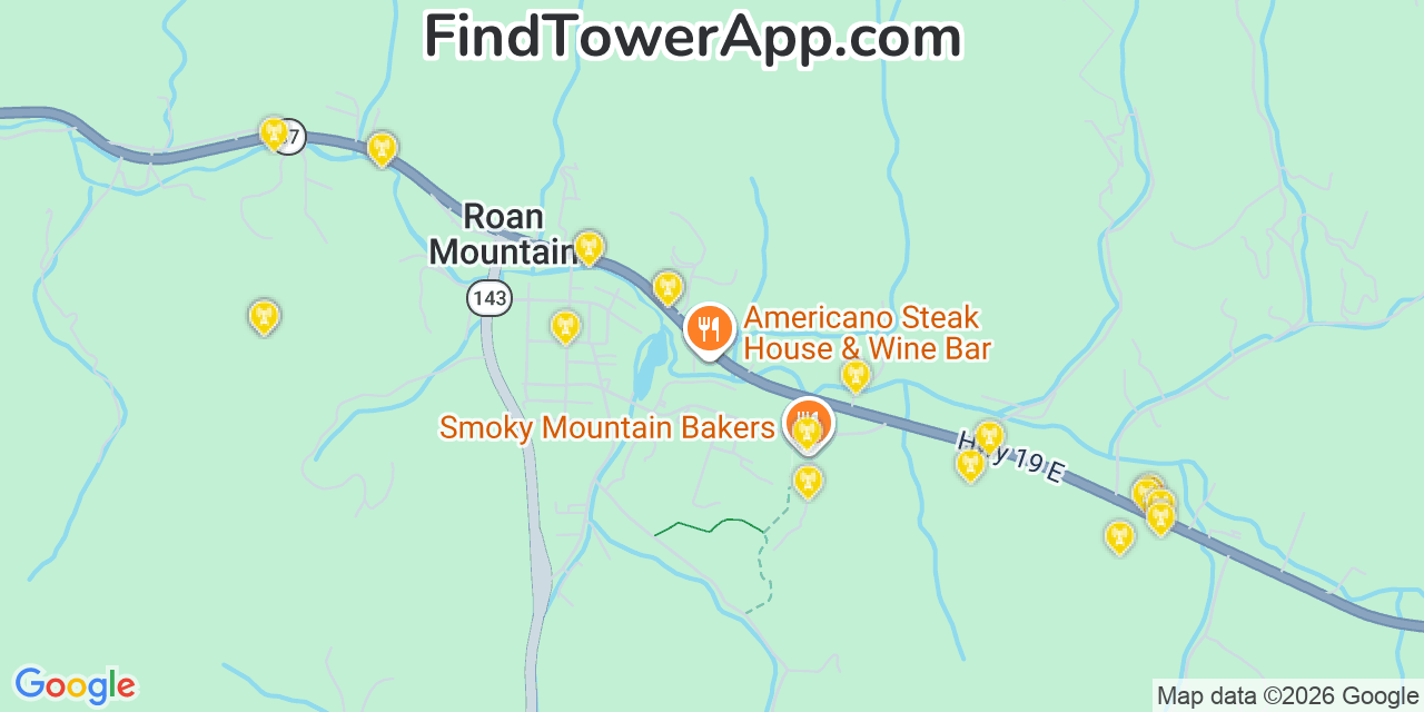 Map showing the 20 primary cell tower locations detected in Roan Mountain, Tennessee from AT&T, Verizon, and T-Mobile networks