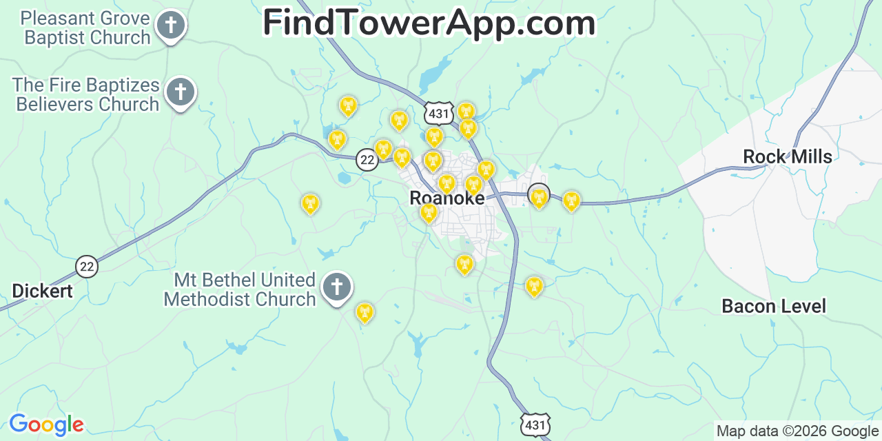 Map showing the 20 primary cell tower locations detected in Roanoke, Alabama from AT&T, Verizon, and T-Mobile networks