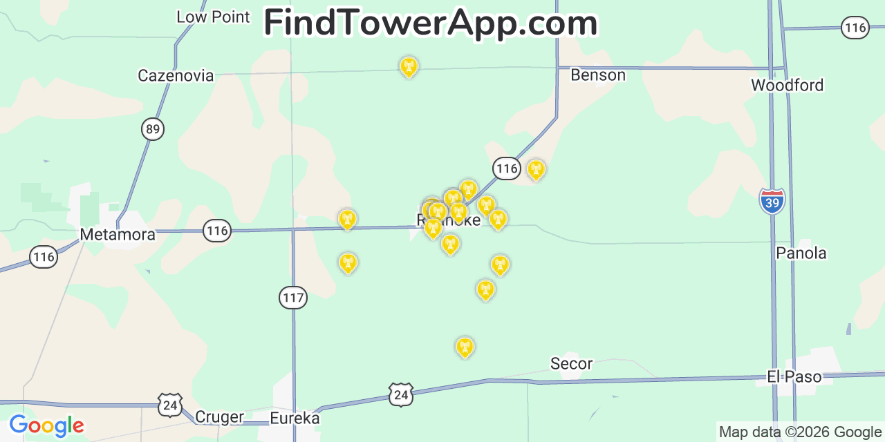 Map showing the 20 primary cell tower locations detected in Roanoke, Illinois from AT&T, Verizon, and T-Mobile networks