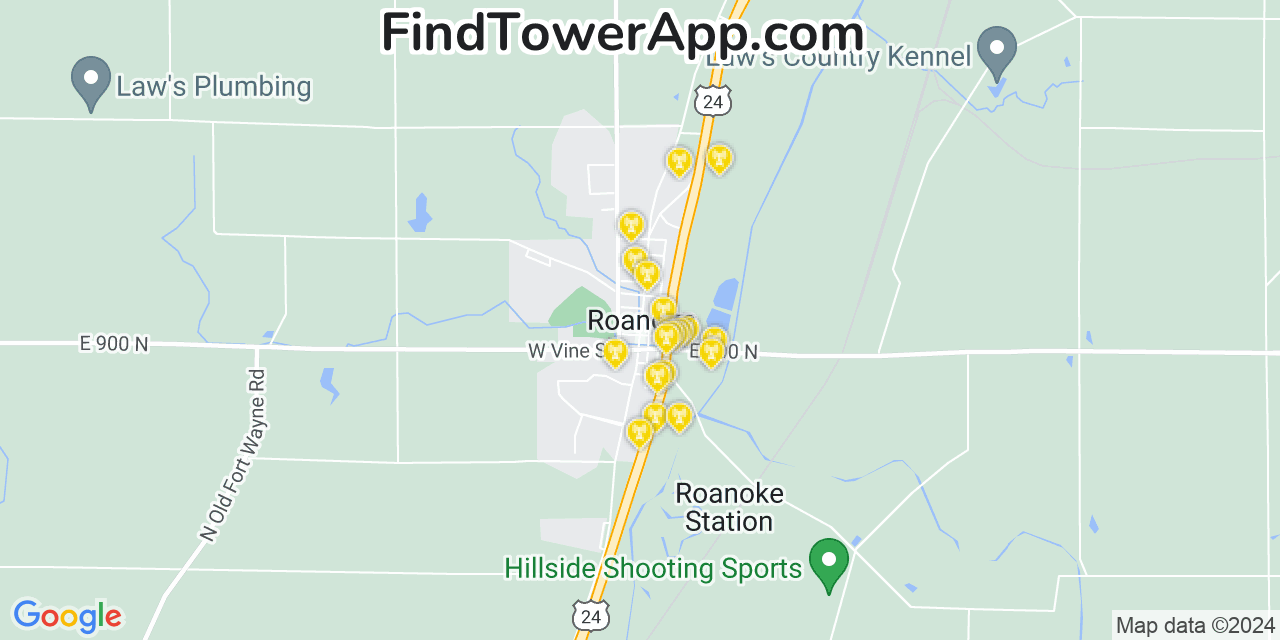 AT&T 4G/5G cell tower coverage map Roanoke, Indiana