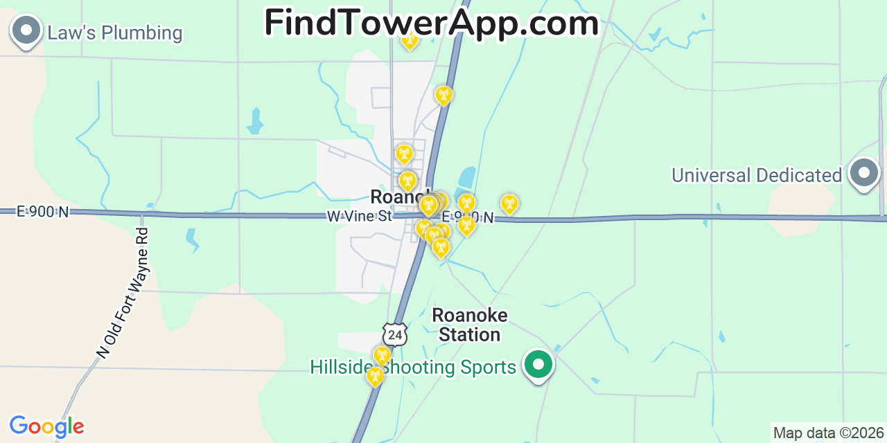 Map showing the 20 primary cell tower locations detected in Roanoke, Indiana from AT&T, Verizon, and T-Mobile networks