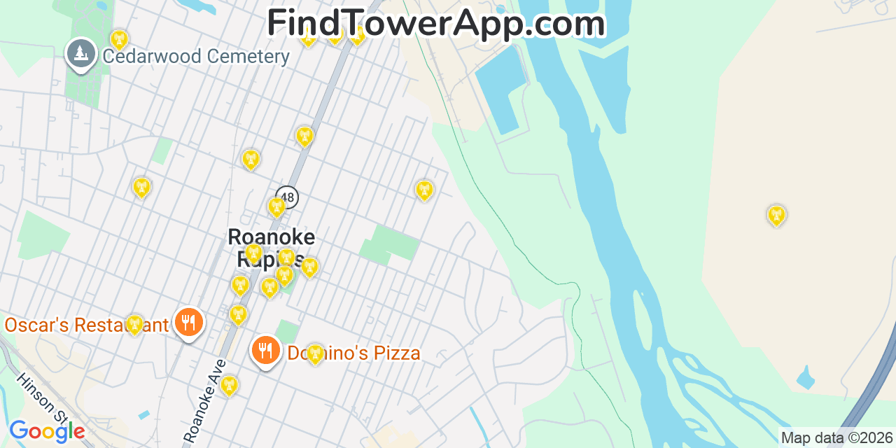 Map showing the 20 primary cell tower locations detected in Roanoke Rapids, North Carolina from AT&T, Verizon, and T-Mobile networks