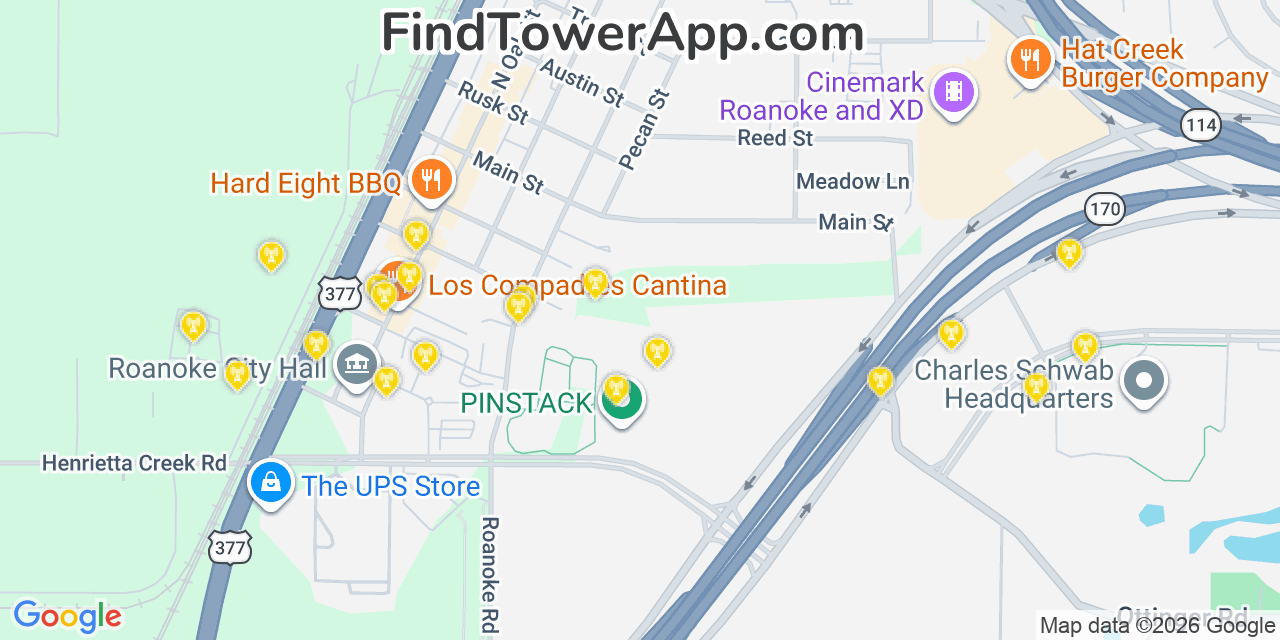 Map showing the 20 primary cell tower locations detected in Roanoke, Texas from AT&T, Verizon, and T-Mobile networks