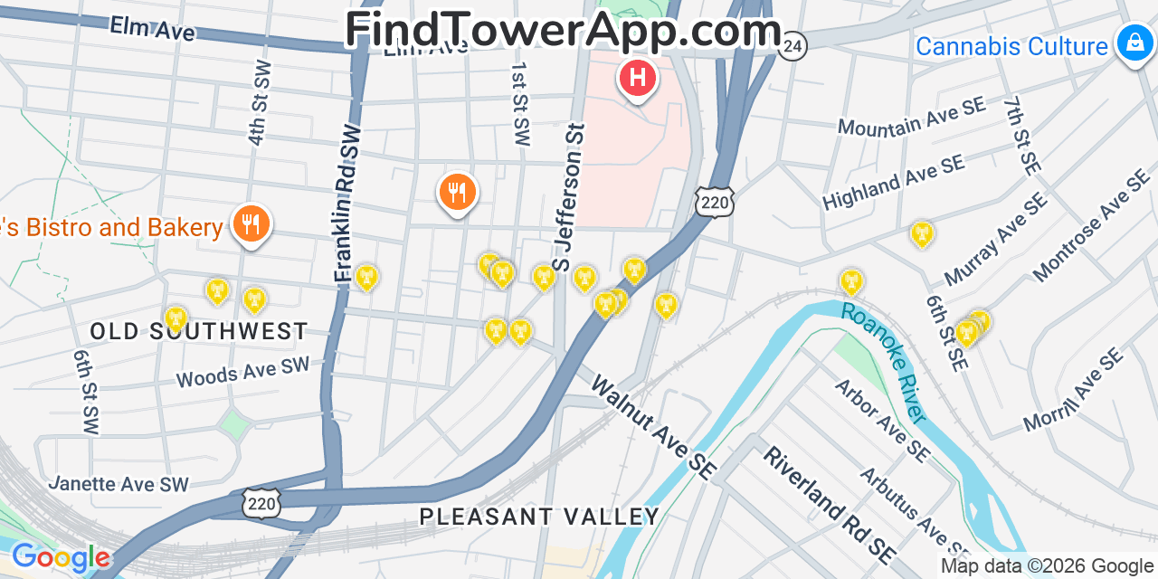 Map showing the 20 primary cell tower locations detected in Roanoke, Virginia from AT&T, Verizon, and T-Mobile networks