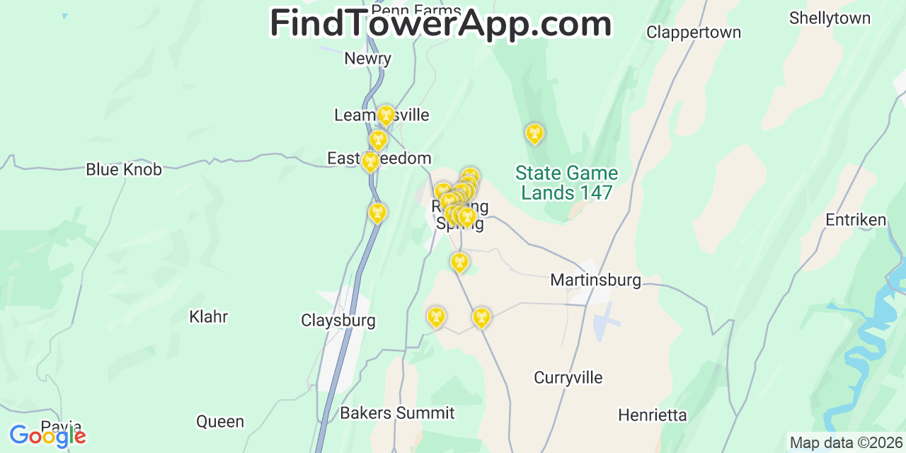 Map showing the 20 primary cell tower locations detected in Roaring Spring, Pennsylvania from AT&T, Verizon, and T-Mobile networks