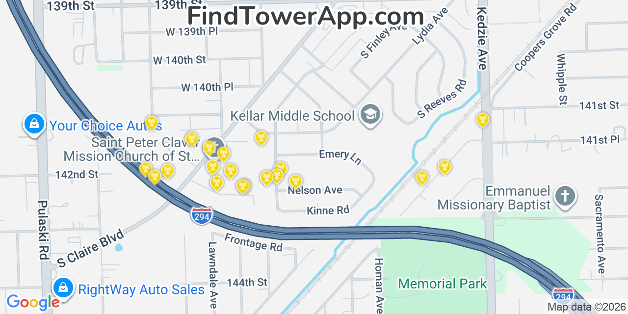 Map showing the 20 primary cell tower locations detected in Robbins, Illinois from AT&T, Verizon, and T-Mobile networks