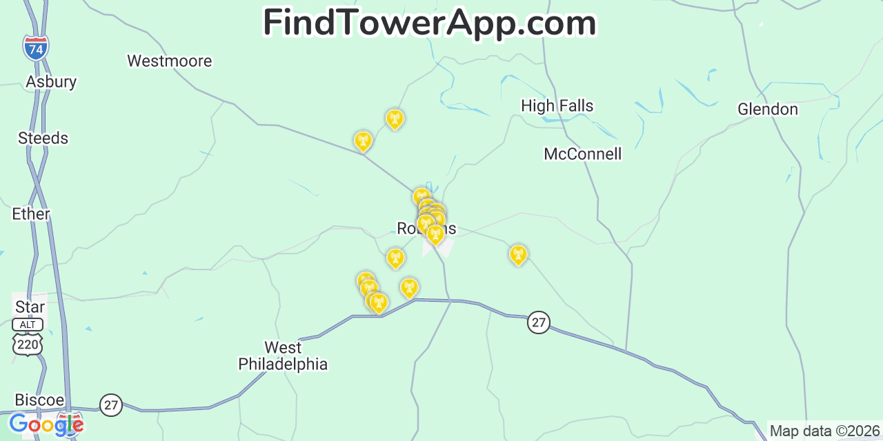 Map showing the 20 primary cell tower locations detected in Robbins, North Carolina from AT&T, Verizon, and T-Mobile networks