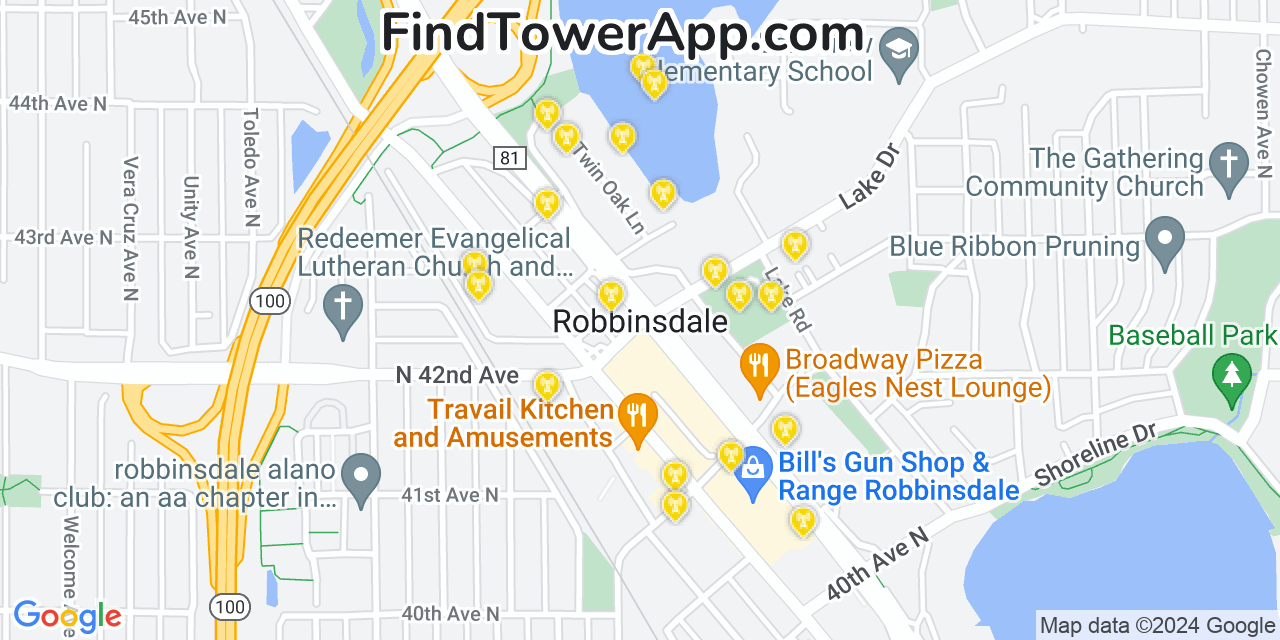 AT&T 4G/5G cell tower coverage map Robbinsdale, Minnesota