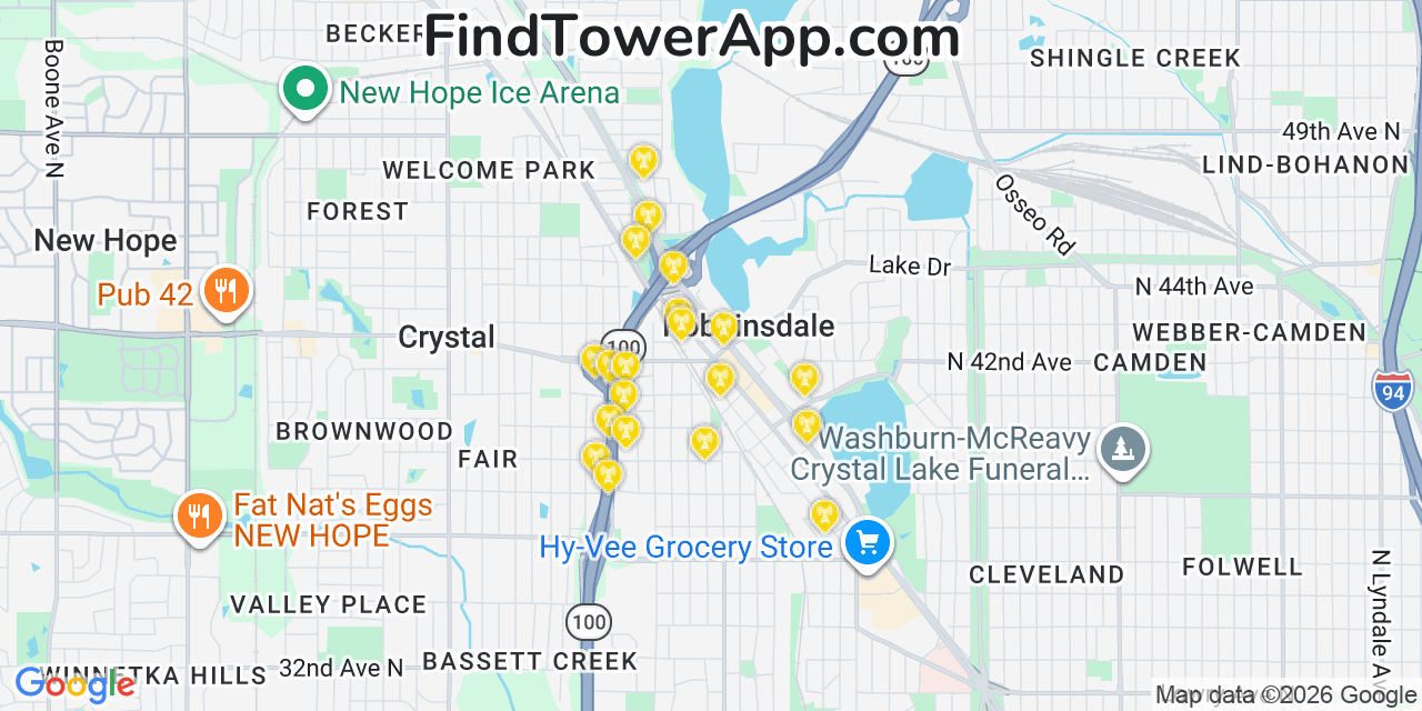 Map showing the 20 primary cell tower locations detected in Robbinsdale, Minnesota from AT&T, Verizon, and T-Mobile networks