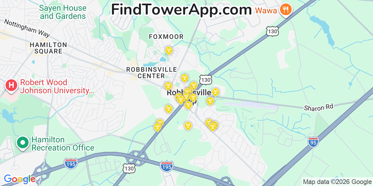Map showing the 20 primary cell tower locations detected in Robbinsville, New Jersey from AT&T, Verizon, and T-Mobile networks