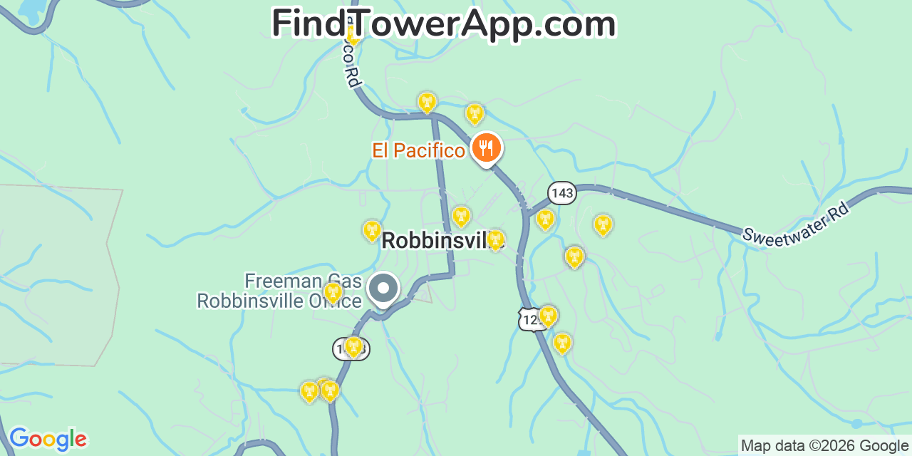 Map showing the 20 primary cell tower locations detected in Robbinsville, North Carolina from AT&T, Verizon, and T-Mobile networks