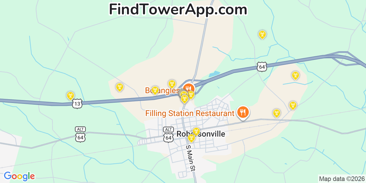 Map showing the 20 primary cell tower locations detected in Robersonville, North Carolina from AT&T, Verizon, and T-Mobile networks