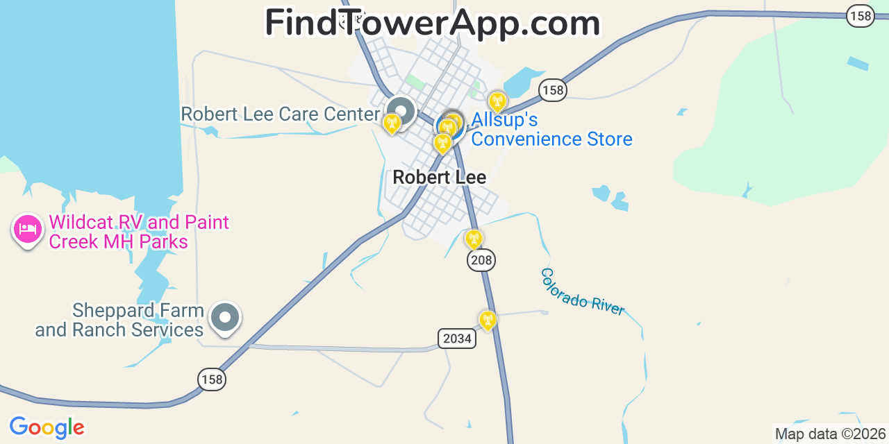 Map showing the 20 primary cell tower locations detected in Robert Lee, Texas from AT&T, Verizon, and T-Mobile networks