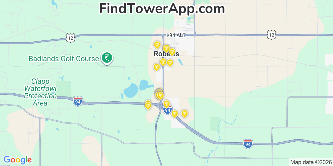 Map showing the 20 primary cell tower locations detected in Roberts, Wisconsin from AT&T, Verizon, and T-Mobile networks