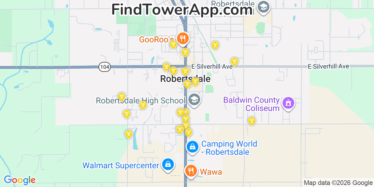 Map showing the 20 primary cell tower locations detected in Robertsdale, Alabama from AT&T, Verizon, and T-Mobile networks