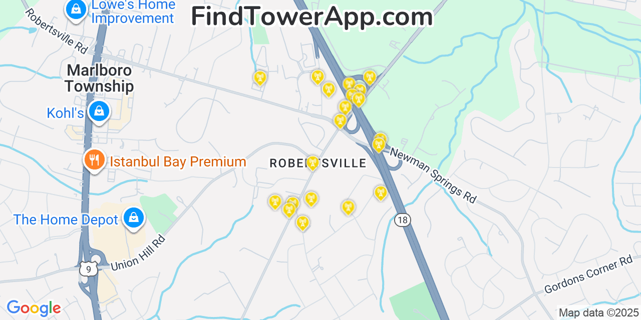 Map showing the 20 primary cell tower locations detected in Robertsville, New Jersey from AT&T, Verizon, and T-Mobile networks