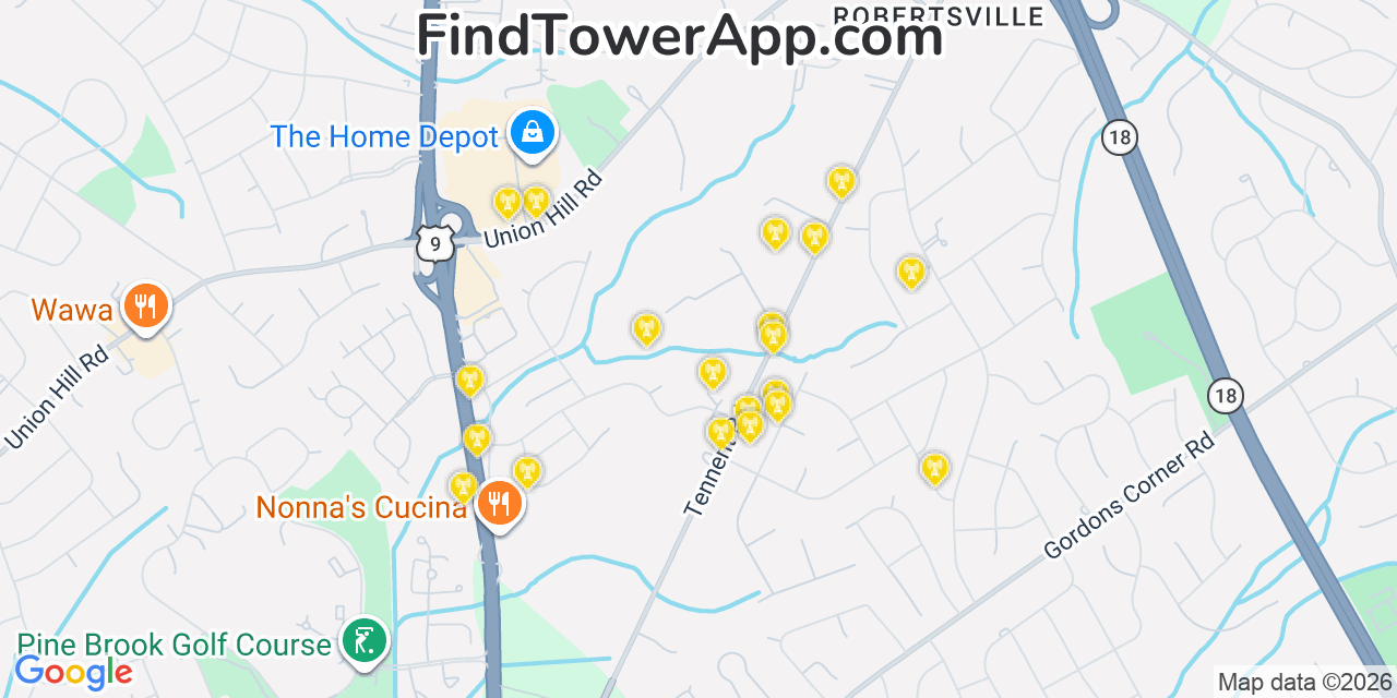 Map showing the 20 primary cell tower locations detected in Robertsville, New Jersey from AT&T, Verizon, and T-Mobile networks