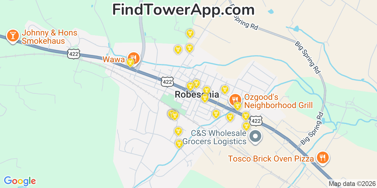 Map showing the 20 primary cell tower locations detected in Robesonia, Pennsylvania from AT&T, Verizon, and T-Mobile networks
