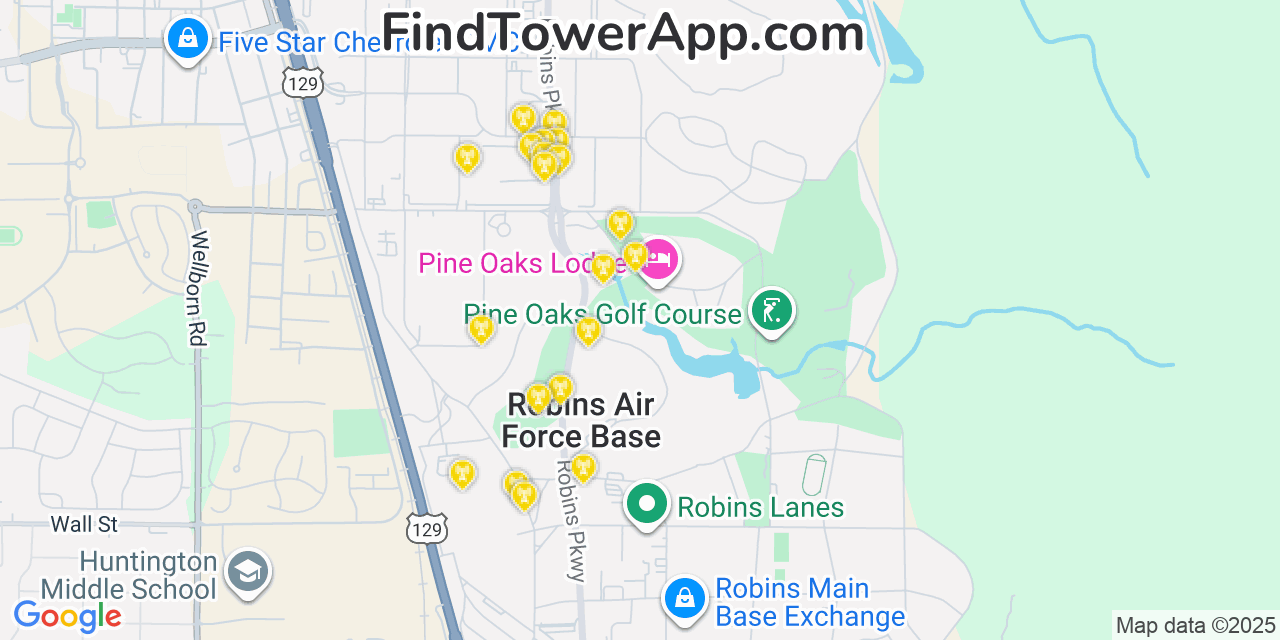 Map showing the 20 primary cell tower locations detected in Robins Air Force Base, Georgia from AT&T, Verizon, and T-Mobile networks