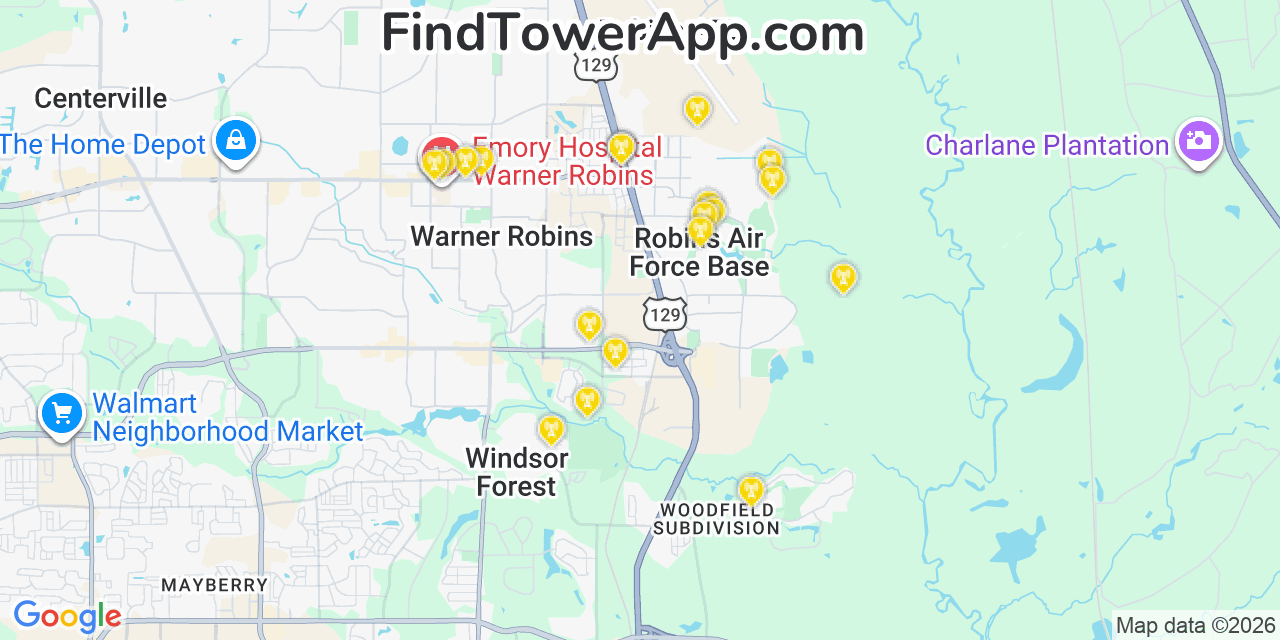 Map showing the 20 primary cell tower locations detected in Robins Air Force Base, Georgia from AT&T, Verizon, and T-Mobile networks