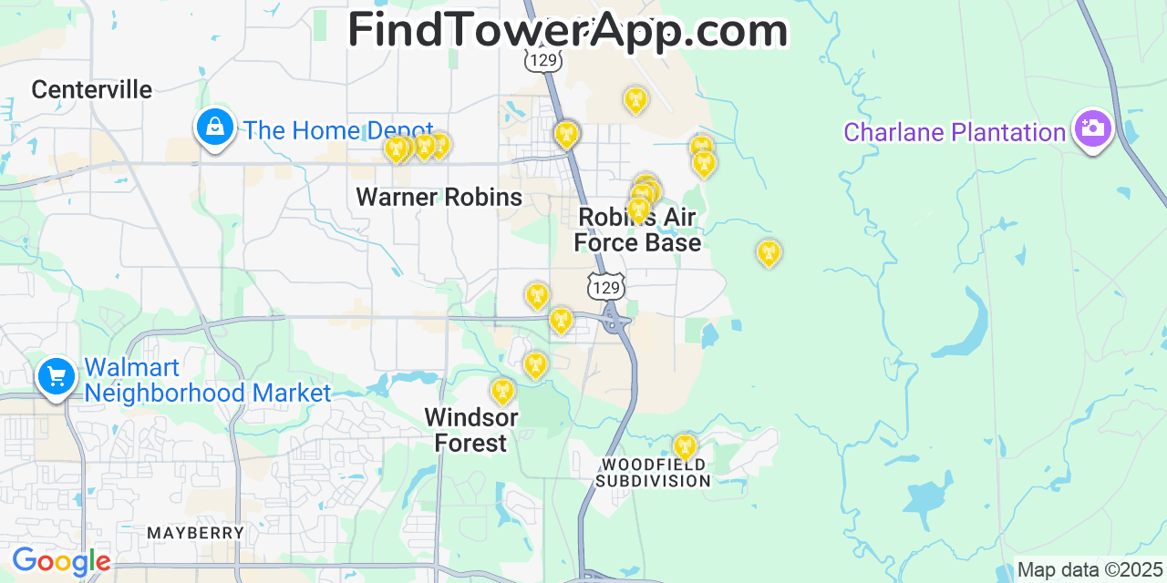 Map showing the 20 primary Mobitel cell tower locations detected in Robins Air Force Base, Georgia with coverage radius and signal strength indicators