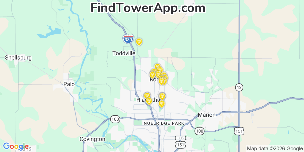 Map showing the 20 primary cell tower locations detected in Robins, Iowa from AT&T, Verizon, and T-Mobile networks