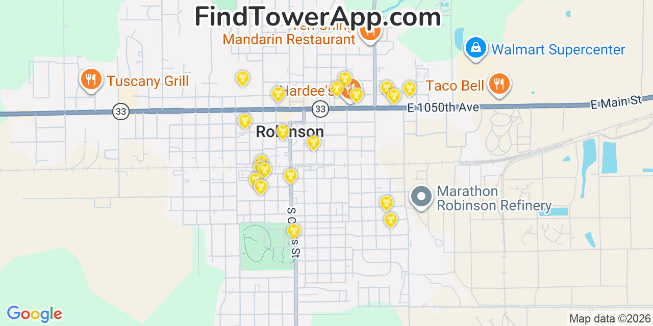 Map showing the 20 primary cell tower locations detected in Robinson, Illinois from AT&T, Verizon, and T-Mobile networks