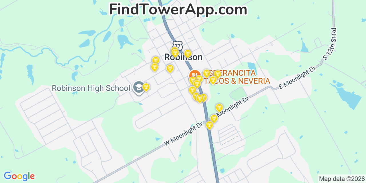 Map showing the 20 primary cell tower locations detected in Robinson, Texas from AT&T, Verizon, and T-Mobile networks